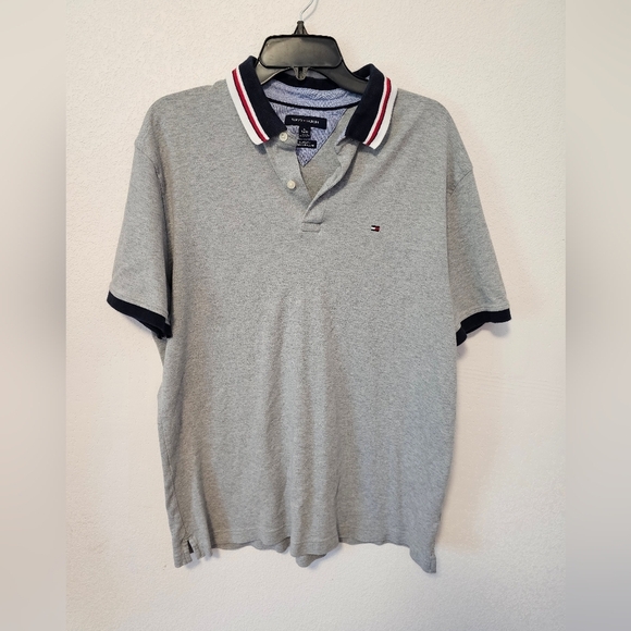 Tommy Hilfiger Gray with Navy Striped Collar Polo Shirt Men's Size XL - Picture 7 of 7
